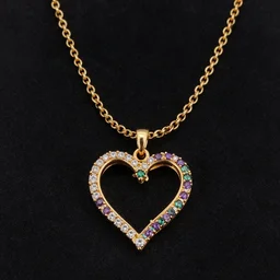 mystical gold and diamond thin curly heart shaped necklace hanger with fine purple and green stones, very realistic, ultra detailed, centered, photograph, elegant, on black background