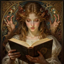 a girl reading a book, hidden hands, insane, intricate, highly detailed, digital painting, artstation, concept art, smooth, sharp focus, illustration, unreal engine 5, 8 k, art by artgerm and greg rutkowski and alphonse mucha