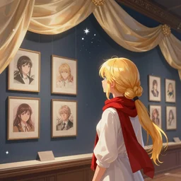 museum curator with golden hair and a white dress and red scarf looking at image portraits on museum walls with stars and hanging silk drapery, light dust, magnificent, close up, sharp focus, elegant, highly detailed, illustration, by jordan grimmer greg rutkowski wlop maya takamura, intricate, trending artstation, pixiv, digital art