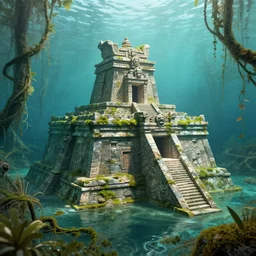 a sunken aztec temple in the florida everglades, the aztec temple is mostly underwater, moss, vines, surrounded by alligators, foreboding, creepy, in the style of a historical illustration, color pencil art, detailed, intricate