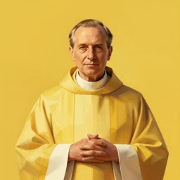 catholic priest with cassock. portrait. digital art, bauhaus, angular, geometric, symmetrical. yellow color theme. flat, solid background.