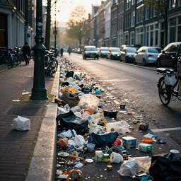 amsterdam street full of garbage, photorealistic, dynamic light, ultra detailed, cinematic