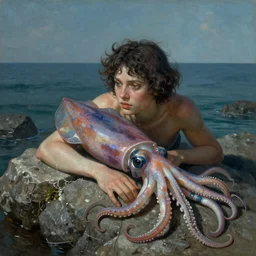 a person who is a mixture of a squid and a human, in a cove. photorealistic art by frazetta ; highly - detailed