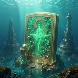 emerald tablet, epic large underwater city, highly detailed, photorealistic, octane render, beautiful, glorious, matte painting, cinematic