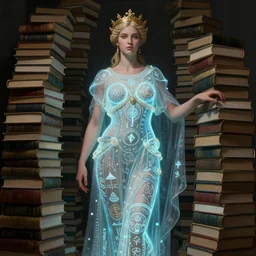 a portrait jenna dewan as the goddess minerva surrounded by stacks of books, bioluminescent gown with deep level of detail of esoteric symbols, urban motifs, intricate, elegant, highly detailed, digital painting, trending on artstation, concept art, smooth sharp focus, illustration, art by artgerm and greg rutkowski