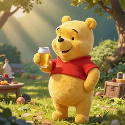 winnie the pooh holding a can of beer at a summer barbeque