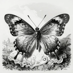 Skeletal Butterfly detailed anatomical illustration by Ernst Haeckel, black and white, realistic vintage engraving, Art Nouveau, Ernst Haeckel, Memento Mori