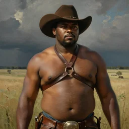 a beautiful dramatic epic painting of a thicc handsome black man | he is shirtless and wearing a cowboy hat and leather harness | prairie setting | homoerotic, highly detailed, dramatic lighting | by mark maggiori, by william herbert dunton, by charles marion russell, by bill ward | trending on artstation