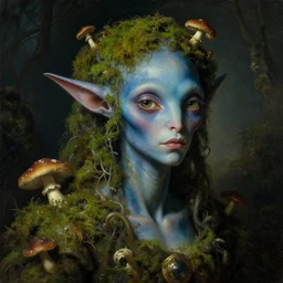 a close - up rococo portrait of an futuristic blue alien elf - like creature covered in moss, mushrooms, and swamp. night time. rich colors, high contast. gloomy, highly detailed 1 8 th century sci - fi fantasy masterpiece painting by jean - honore fragonard, moebius, and johfra bosschart.