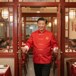 xi jinping as a waiter in red costume holding open a door in a chinese restaurant
