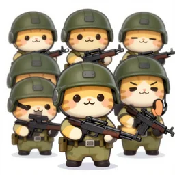 An illustration of platoon of cute little anthropomorphic kittens holding rifles and wearing helmets.