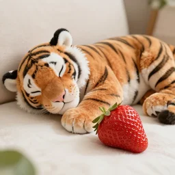 a sleepy strawberry taking a nap with a tiger plushie