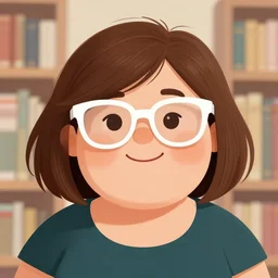 portrait of a curvy stocky romanian woman, brown hair, messy bob, straight hair, brown eyes, round nose, low eyes, romanian, laugh lines, round face, round jaw, round nose, white glasses, glasses, big forehead, white reading glasses, illustration, cute, librarian, wide shot, digital art, loish, 8 k, trending on artstation
