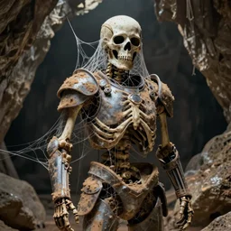 portrait of a dusty armored skeleton covered in webs in an atmospheric cave By Emmanuel Lubezki