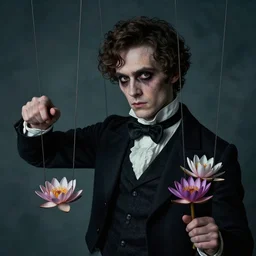 detailed cinematic moody colors studio portrait of a young victorian gentleman being controled like a puppet, creepy malevous vibe, water lilies, high quality by jeremy mann, only one head single portrait