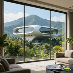 looked at big window, architectural, mountains in background, cloud forest in background, tropical, sunny day time, clear sky, living room, furniture, IKEA catalogue, futuristic, ultra realistic, ultra detailed, cinematic light, anamorphic, by Paul Lehr