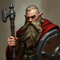a detailed portrait of a dwarf priest with a long braided beard holding a war - hammer and a shield, by justin gerard and greg rutkowski, digital art, realistic painting, dnd, character design, trending on artstation