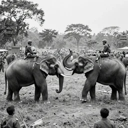 tai and khmer war, elephant duel in the center of battlefild, black and white photo, historic, realistic, highly detailed, 1 2 0 0 s,