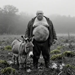 1 9 7 0 s movie still by tarkovsky of one giant obese old bald man in dirty clothes with one tiny donkey in a mossy swamp, cinestill 8 0 0 t 3 5 mm b & w, heavy grain, high quality, noir, natural textures, photorealistic, ambient occlusion, hd, mud, fog, criterion collection, by sebastao salgado