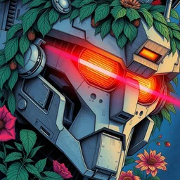 risograph grainy painting of gigantic huge evangelion - like gundam mech face with huge earrings and glasses with a lot of details and lasers, covered with plants, half - life 2 scene, by moebius and dirk dzimirsky and satisho kon, close - up wide portrait