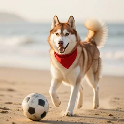 a happy caramel husky wearing a red bandana, playing soccer on the beach, Golden hour, bokeh , 4k