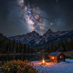 a beautiful double exposure of a deep field astrophotography image by hubble in the sky, and a night time landscape with towering mountains, forests and a still lake with reflections, small wooden cabin, campfire in foreground, snow, lpoty, award winning, apod, low noise, detailed, sharp