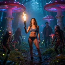 muscled Mila Kunis holding a torch in a foggy neon lighted mushroom forest, rainbox fireflies, misty bokeh, long shadows, creepy creatures hiding, Donato Giancola, Mark Brooks, Ralph Horsley, Charlie Bowater, Artgerm, Christopher Balaskas, Bastien Lecouffe-Deharme