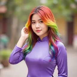 vietnamese girl with rainbow hair wearing an ao dai