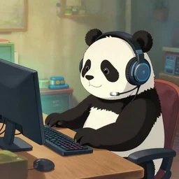 a teenage panda wearing a headset playing video games on a computer, digital art, vibrant colours, untidy room, studio ghibli