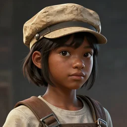 An epic fantasy comic book style portrait painting of a young dark skinned girl with short hair dressed as a boy in a paperboy cap, unreal 5, DAZ, hyperrealistic, octane render, cosplay, RPG portrait, dynamic lighting