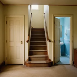 nostalgic empty house with stairs in the middle and doors on either side, one door is closed and the door on the right is open to a blue bathroom, tan carpet