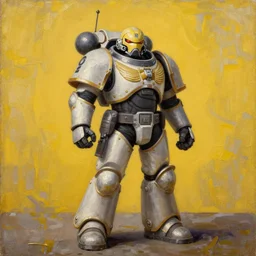 full body portrait of a warhammer 4 0 k astartes soldier, oil painting, standing in front of blank wall, yellow tint, by hubert van eyck