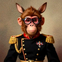 portrait of a monkey king of spain felipe vi, artwork by gaston bussiere, craig mullins, trending on artstation, monkey dressed as general military, using googles and wearing a donkey ears