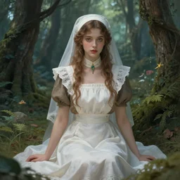 “ sensual medieval nurse treating young goddess in a magical forest, artwork, fantasy ”