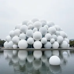 many white sphere spaces are combined like soap bubbles to form a parametric building, designed by antti lovag on the calm water surface