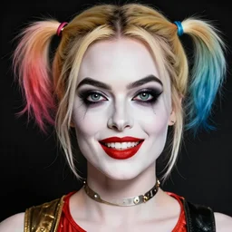 beautiful margot robbie with harley quinn makeup, highly detailed, realistic face, amazing digital art