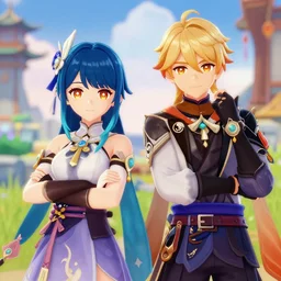 portrait of two characters in the style of genshin impact