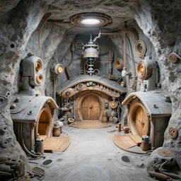 detailed underground lair hideout, complex robotic apparatus, shire, utopian hobbit-hole, intricate futuristic technology, arcology made out of lush flora, dense quaint pastoral fantasy landscape, giant PC water cooling tubes filled with glowing liquid illuminating, shire, magic hour, futuristic treehouse jungle, 3d render by Ivan Shishkin