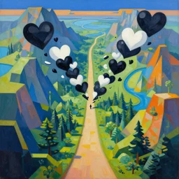 a collision of exploding black hearts and white hearts in surreal abstract form of an endless lonely long and winding path through an isometric fantasy forested mountains and lakes landscape, vivid vibrant geometric art nouveau. trending on pixiv and artstation. an absurdly detailed oil painting