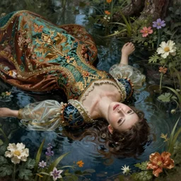 artistic painting, medieval princess, ophelia, wearing ornate gown, beautiful eyes and lips, drowned, floating flat on her back in a forest pond, flowers, art by artgerm and wlop and brom, highly detailed, 8 k, cinematic, digital painting, sharp focus, illustration, masterpiece