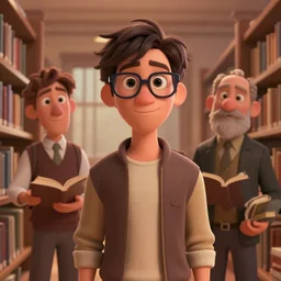 Lofi portrait in a library, Pixar style by Tristan Eaton and Stanley Artgerm and Tom Bagshaw and Tim Burton