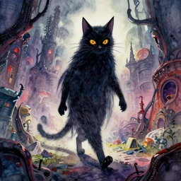 ghostly haunted cat strolling through an alien city, watercolour painting, watercolour, colourful, intricate, detailed, concept art, cinematic, trippy, megolaphobia