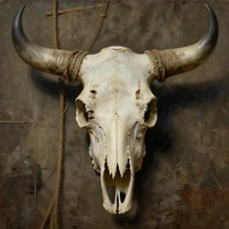 weathered steampunk symmetrical bull skull at the center, old fabric, ropes. painting by rembrandt and greg rutkowski c 1 4. 7