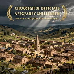 realistic photo of a town, settlement, buildings, detailed scenery, bronze age time period
