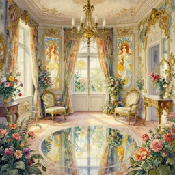 a beautifull intricate watercolour painting of a victorian room with flowers, reflexions, verry high details by william turner art, greg rutkowski and alphonse mucha, trending on artstation, very very detailed, masterpiece, wide lens,