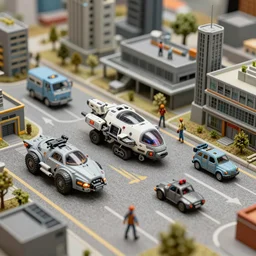 a photo of a grand scale diorama with sci - fi vehicles and buildings and characters, macro photography