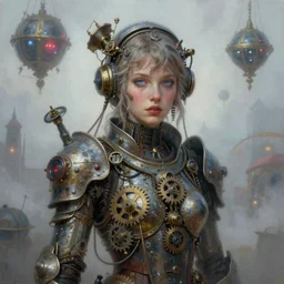 by tom bagshaw, breathtaking almond blue eyes, ultra realist vivid soft painting of a carnival of curiosities, single curvy flirt etheral young steampunk female in a full ornated armor gears, cables, led, flying machinery, partial symmetry accurate features, very intricate details, focus, award winning, ultra dense fog