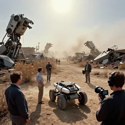 a first person view of few businessmen and a broken boston dynamics wheeled robot, in a big scrap yards of robots, gigantic high - tech contraptions scattered in the background, dried up bushes, dust bowl, heat haze mirage, blinding sun, dust storm in the horizon, reporter, live footage, canon landscape lens, ektachrome color photo