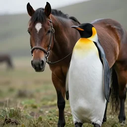 an 8k photograph of the Penguin from the batman movie standing next to a horse