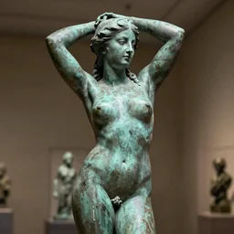 detailed photo of an old bronze patina statue of beautiful seducing woman, full body portrait, various seducing lacivious pose, photorealism, intricate detail, museum diffuse lighting
